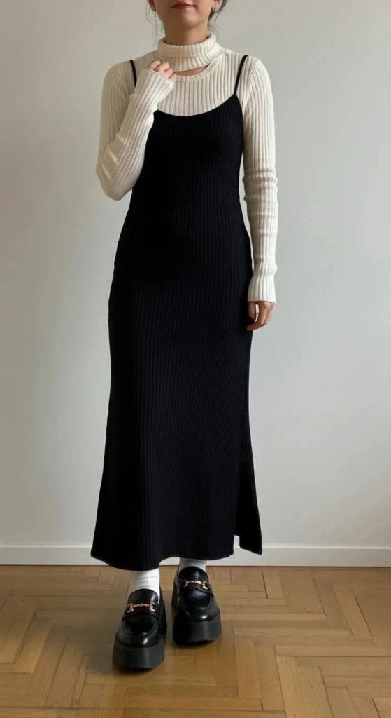 Ribbed Dress with Cutout Turtleneck