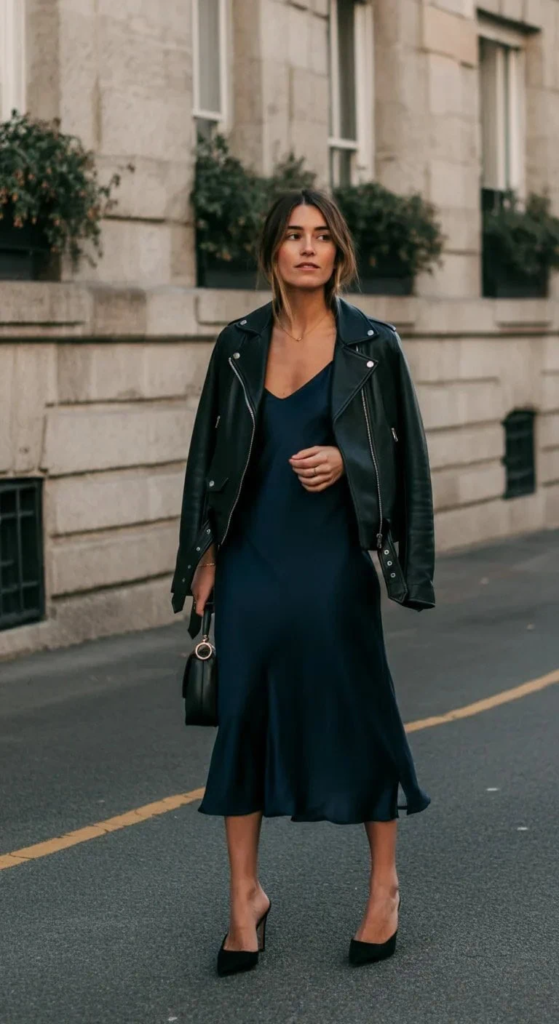 Satin Slip Dress with Leather Jacket
