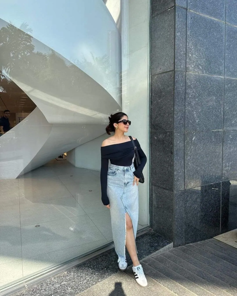 Off-Shoulder Black Top with Denim Skirt