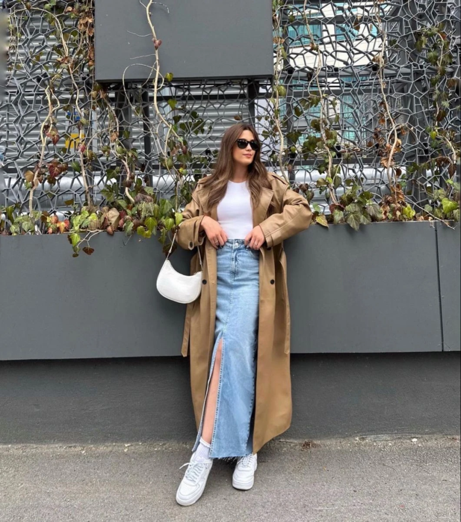 Camel Coat with Denim and White Sneakers