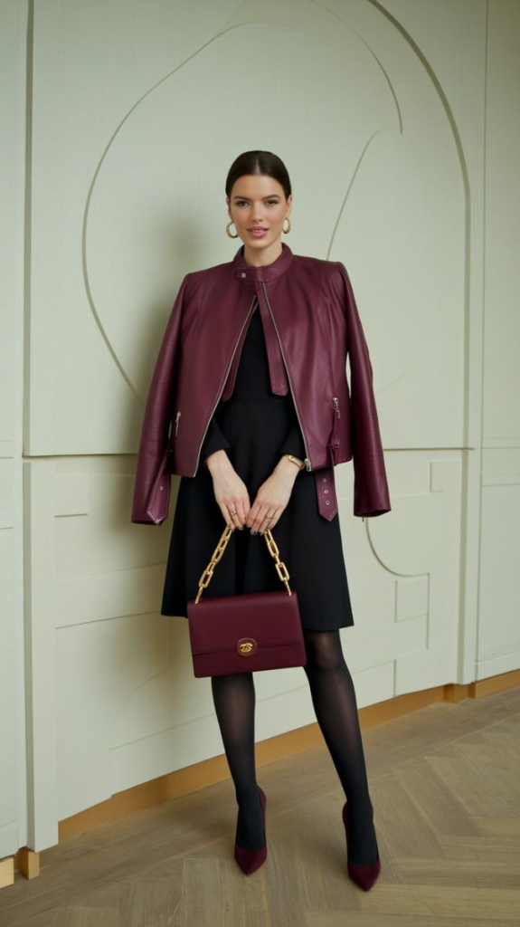 Burgundy Coat with Sleek Black Basics