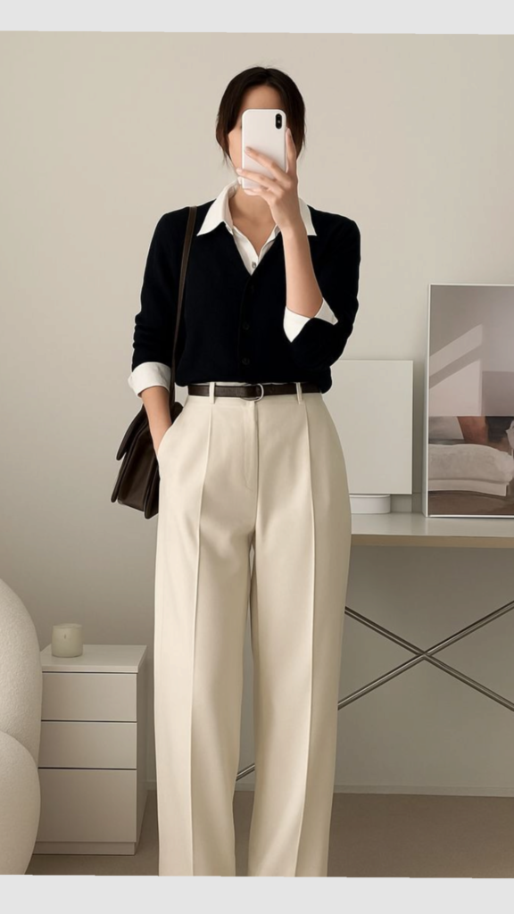 Cream Ribbed Top with Black Wide-Legs