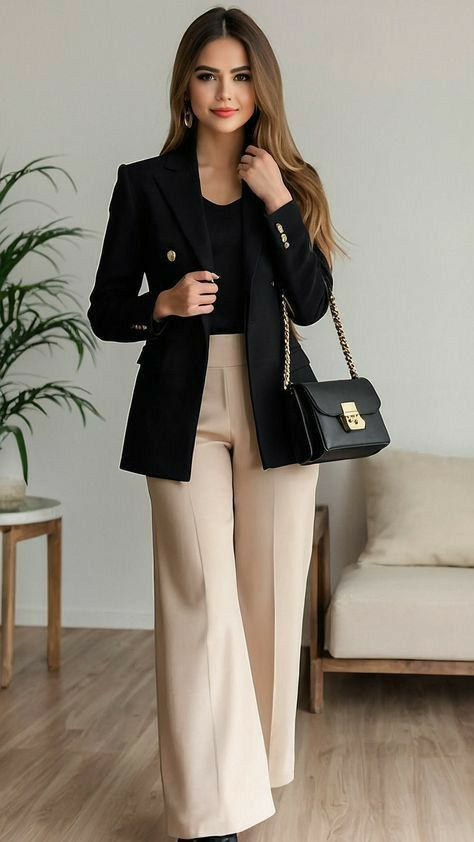 Classic Black Blazer with Cream Bottoms