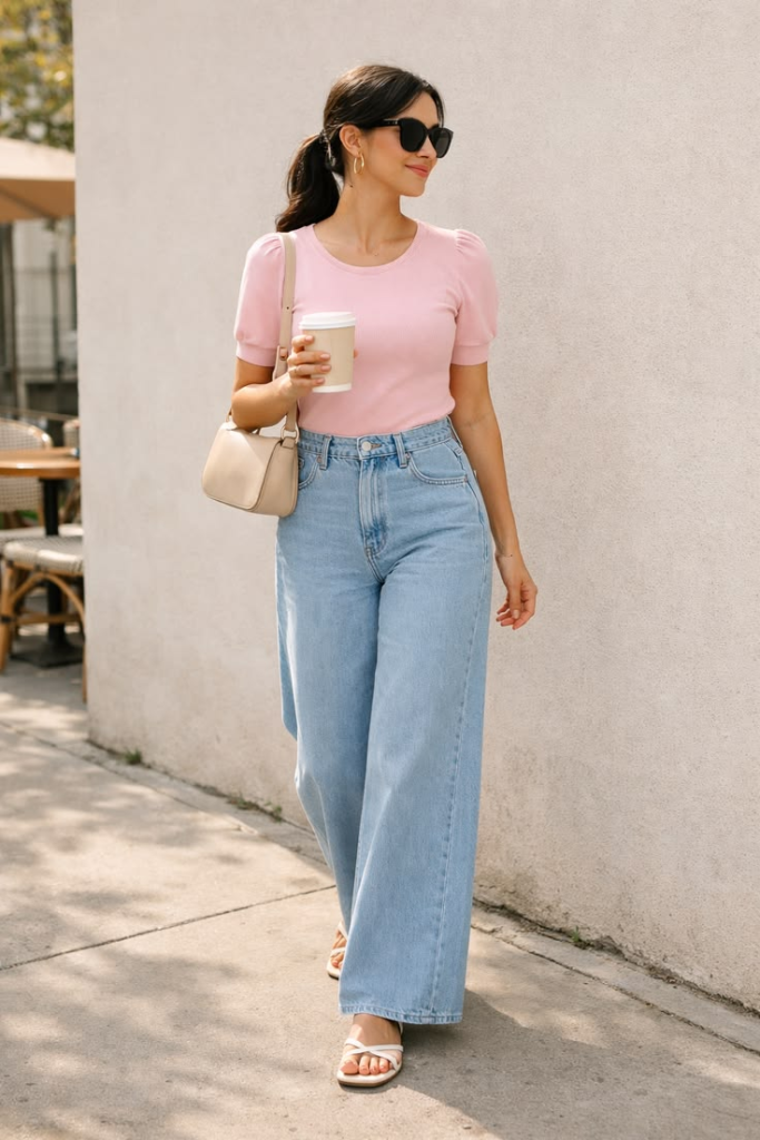 Pink Cardigan With Wide-Leg Jeans