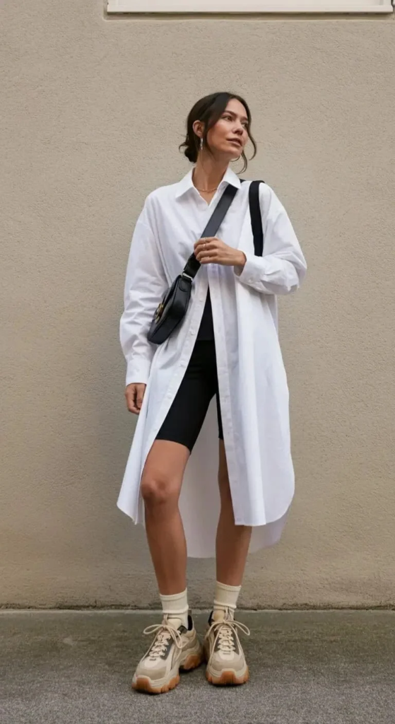 Oversized Shirt Dress with Bike Shorts