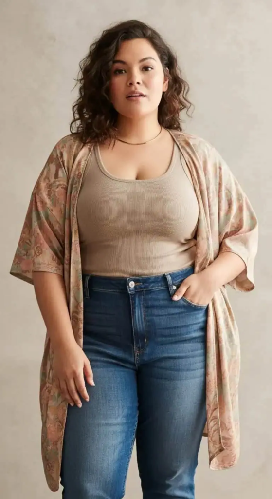 Kimono Cardigan with a Tank Top and Jeans