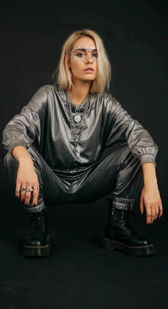 Metallic Jumpsuit with Combat Boots