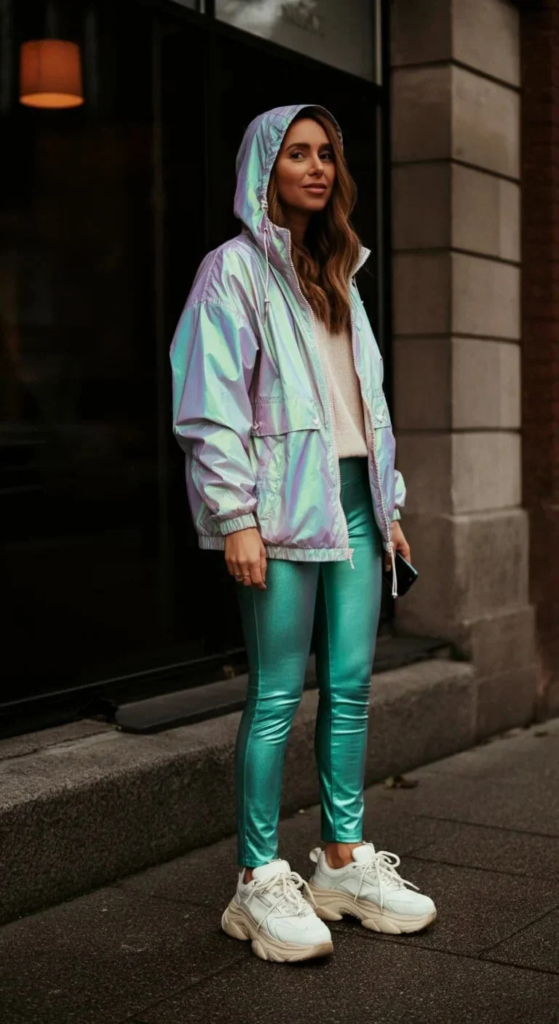 Iridescent Windbreaker and Metallic Leggings