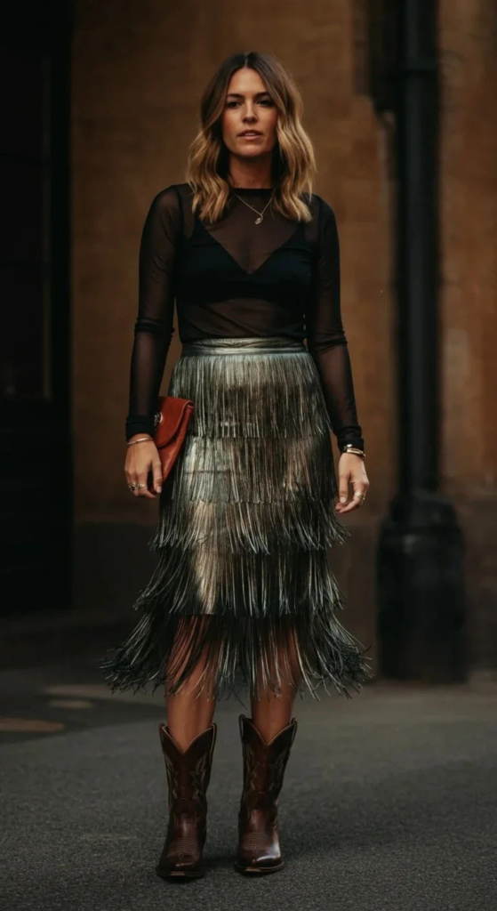 Metallic Fringe Skirt and Mesh Top
