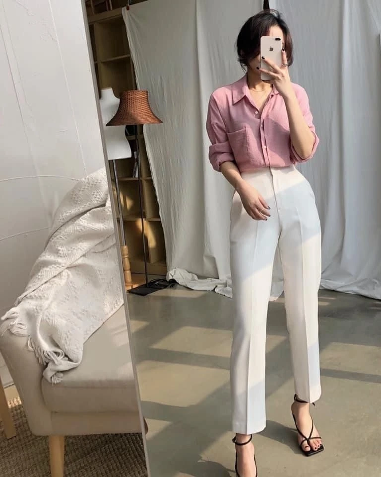 Mauve Shirt with Crisp White Trousers