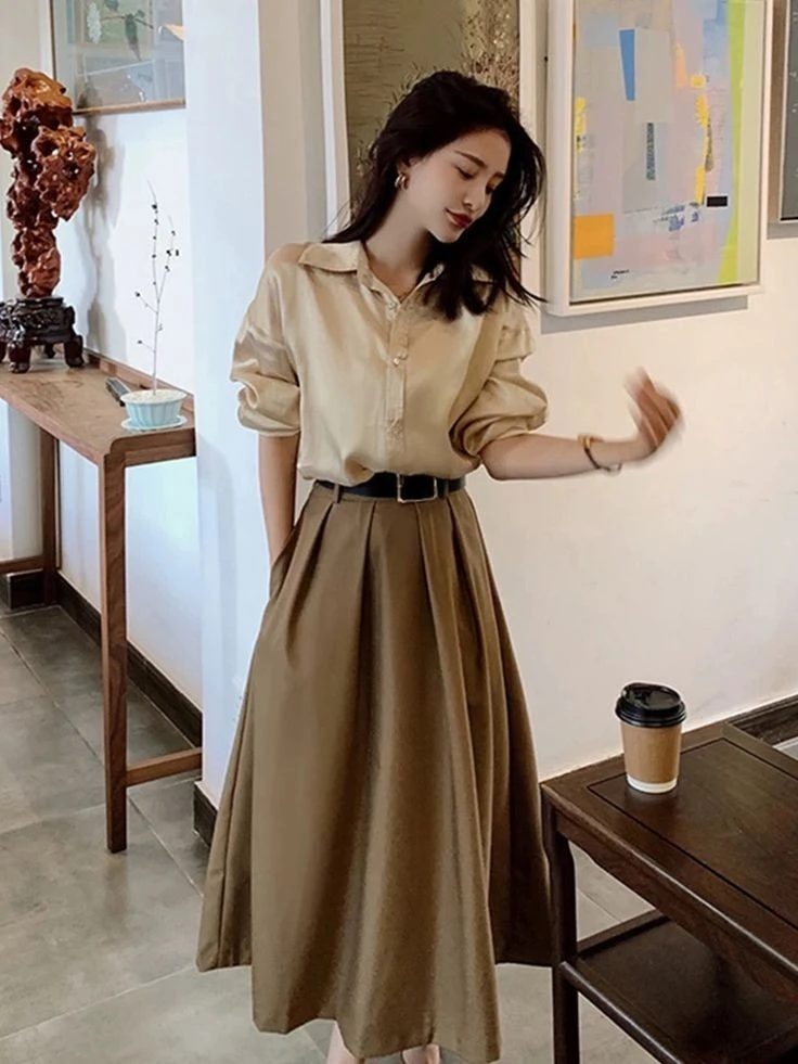 Neutral Shirt and Midi Skirt Ensemble