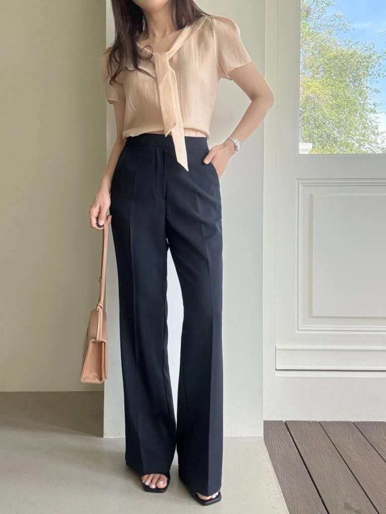 Cream Blouse with Black Wide-Leg Trousers