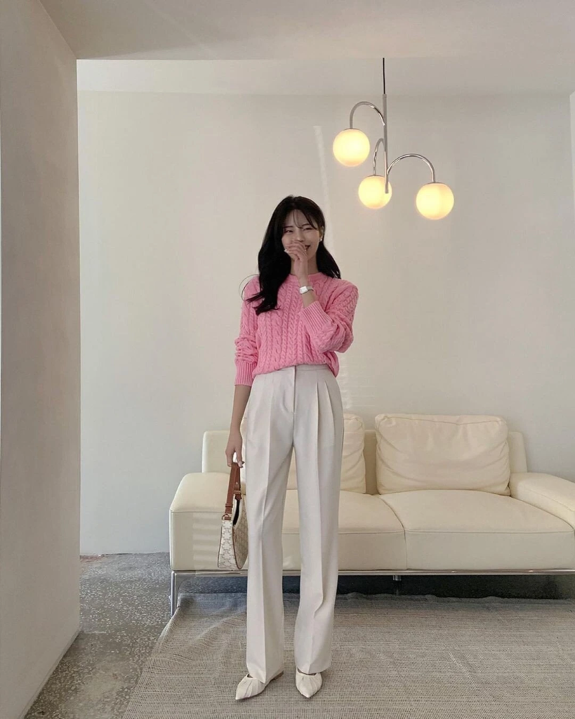 Soft Pink Knit with Cream Trousers