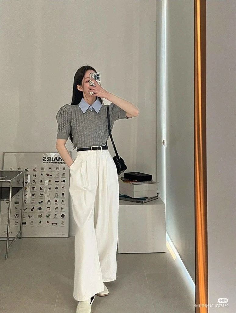 Collared Knit Top with Cream Trousers