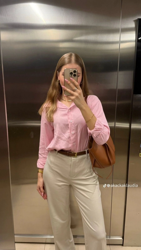 Classic Pink Blouse with Cream Trousers