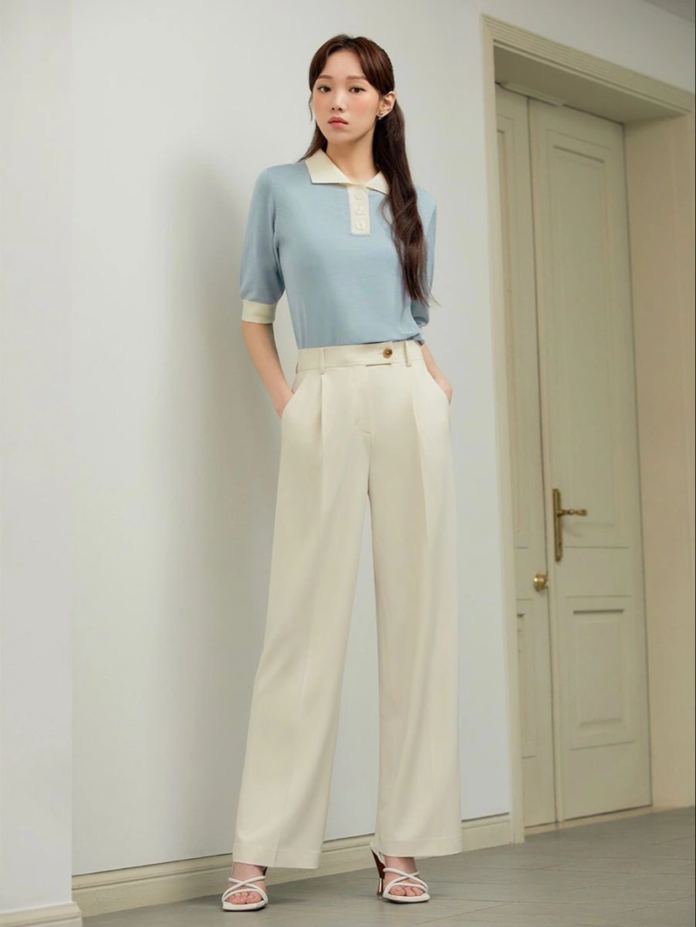 Soft Blue Polo with Cream Trousers