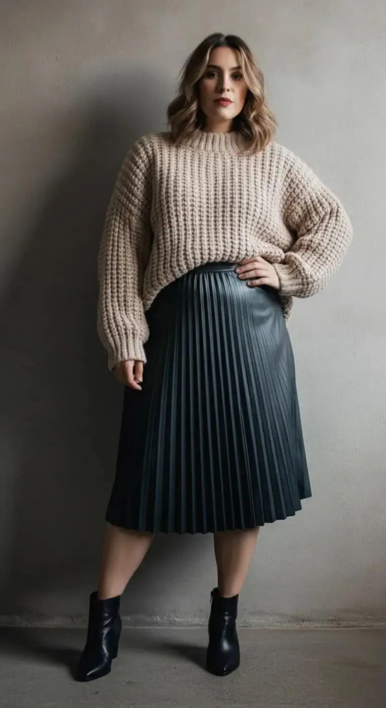 Textured Sweater and Leather Skirt