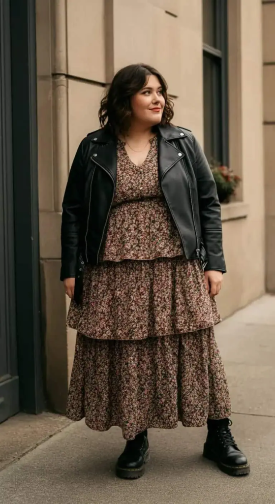 Tiered Maxi Dress with Leather Jacket