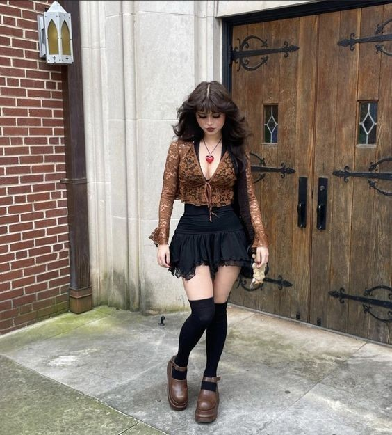 Lace Crop Top with Black Mini Skirt