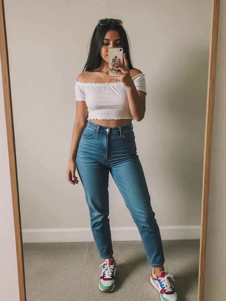 Cute White Top with High-Waisted Jeans and Colorful Sneakers