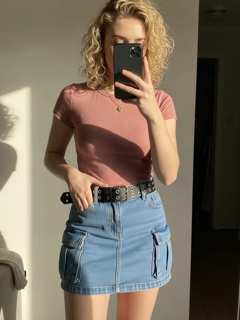 Baby Tee Paired with Mini Denim Cargo Skirt and Statement Belt