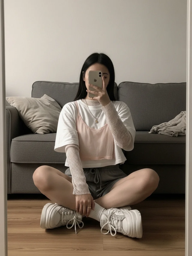 White Cropped Baggy Tee with Sheer Mesh Layer and Platform Shoes