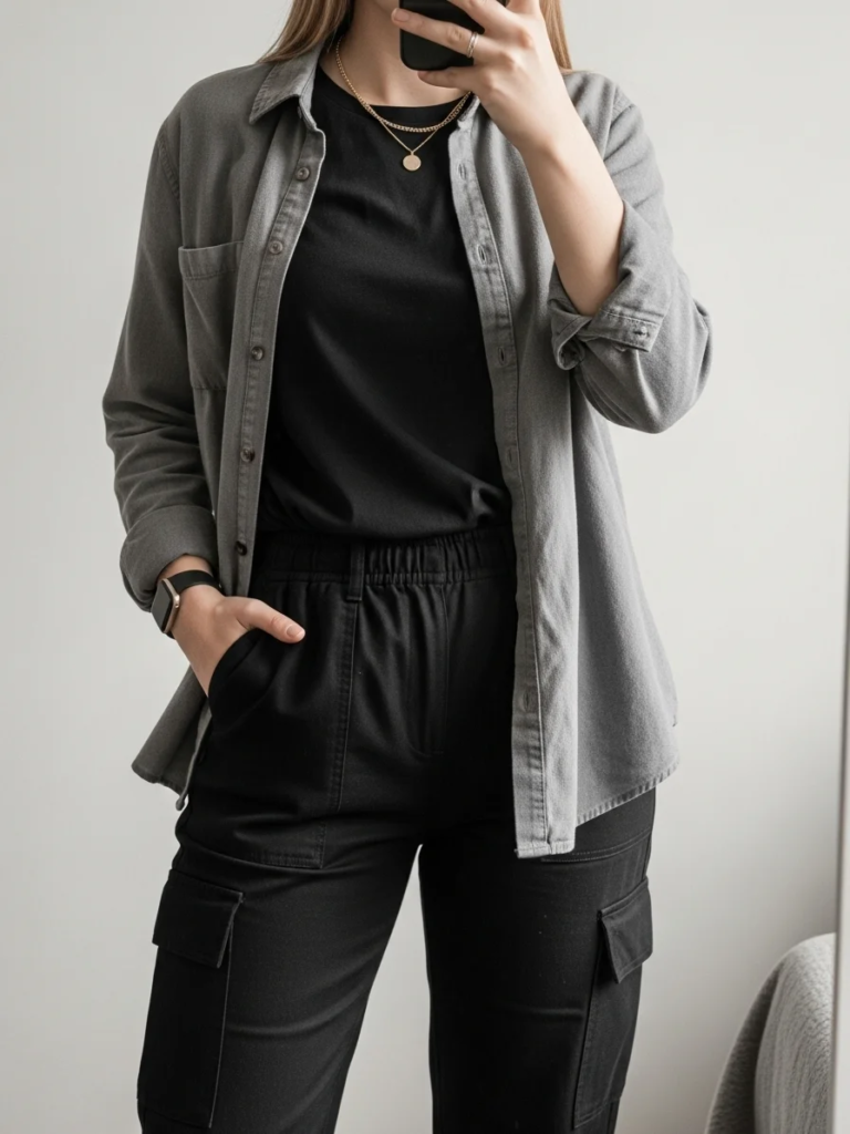 Black T-Shirt Layered Under Gray Button-Up and Black Cargo Pants