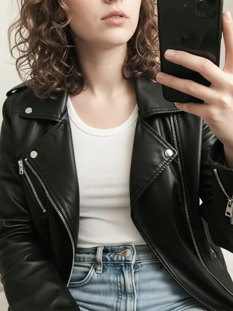 White Tank Top, Washed Out Jeans, and Edgy Leather Jacket