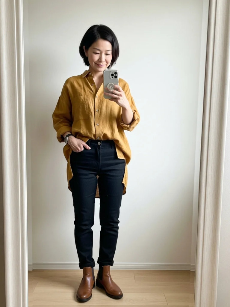 Linen Button-Down Shirt with Classic Black Jeans and Chelsea Boots