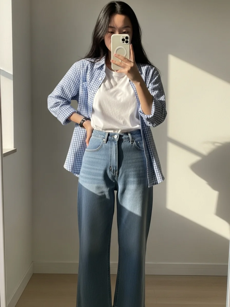 White T-Shirt with Gingham Button-Down and Barrel Jeans
