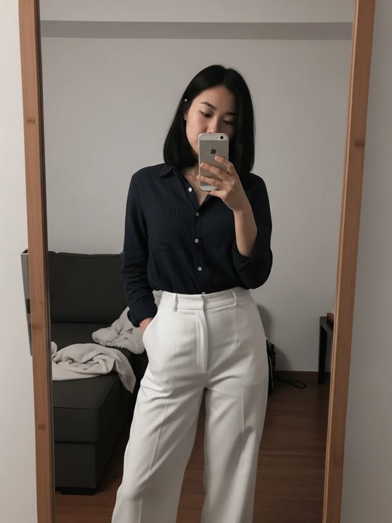 Dark Blue Button-Down Shirt Matched with Crisp White Pants