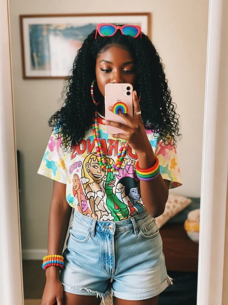 Bright Graphic Tee with Rainbow Accessories and Comfy Denim Shorts