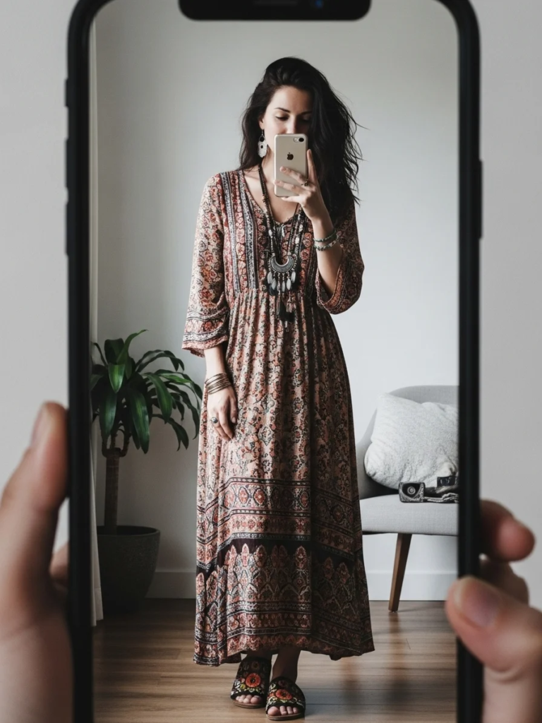 Bohemian Maxi Dress with Ethnic Jewelry and Embroidered Sandals