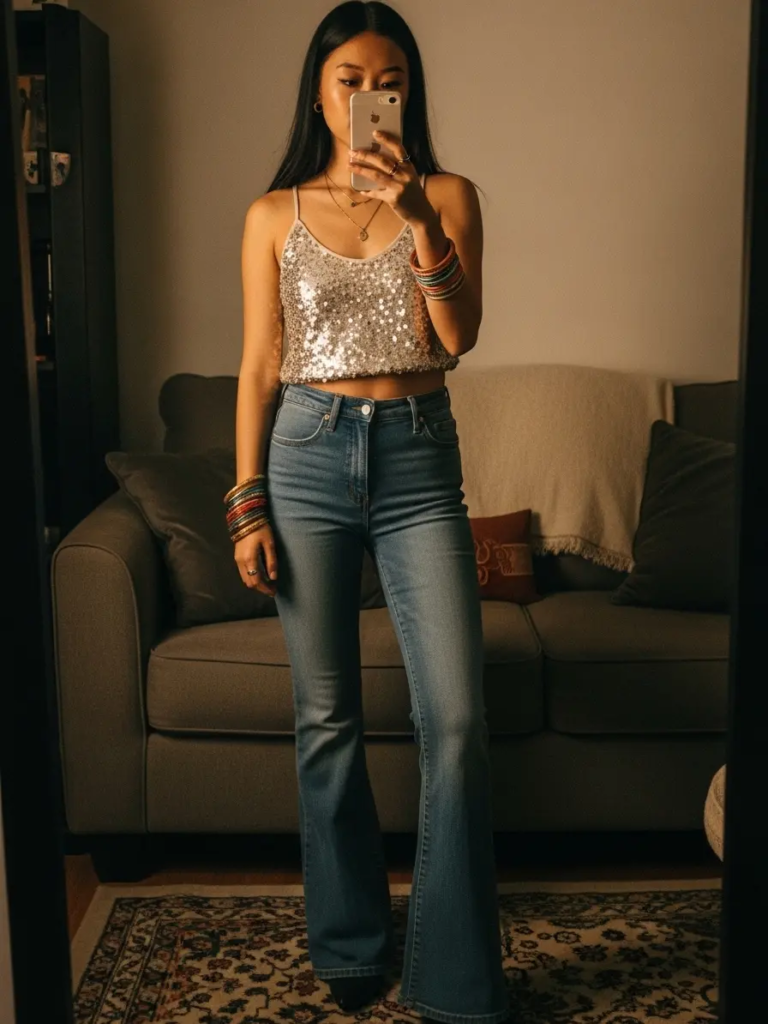 Festival-Inspired Sequin Top and Flared Jeans with Colorful Bangles