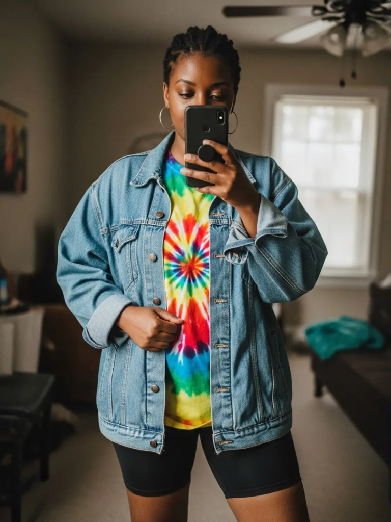 Oversized Denim Jacket Over Tie-Dye Tee and Black Biker Shorts