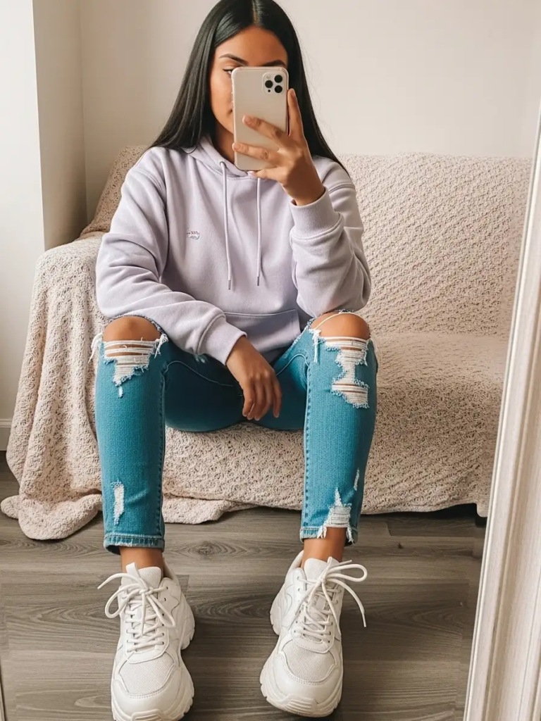 Pastel-Colored Hoodie with Ripped Skinny Jeans and Chunky Sneakers