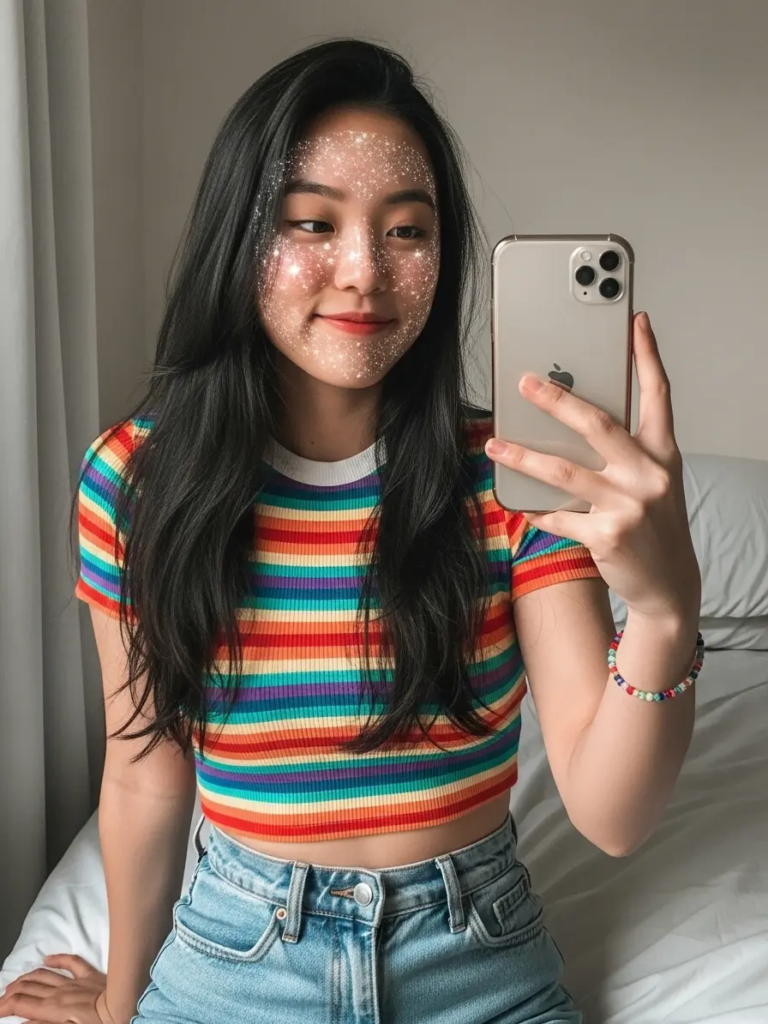 Rainbow Crop Top, High-Rise Shorts, and Glitter Face Stickers