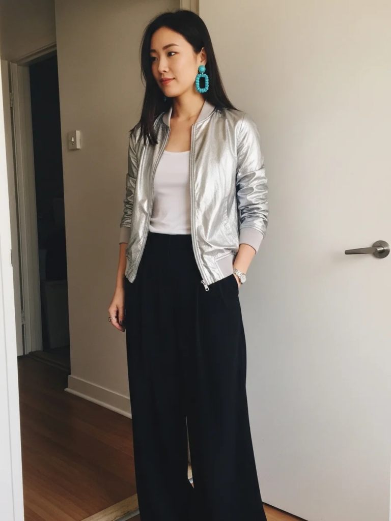 Metallic Bomber Jacket with Wide-Leg Trousers and Statement Earrings