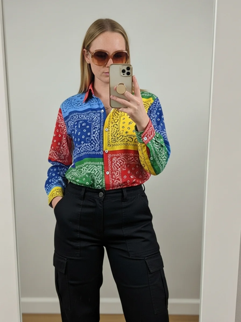Bandana Print Shirt, Black Cargo Pants, and Retro Sunglasses