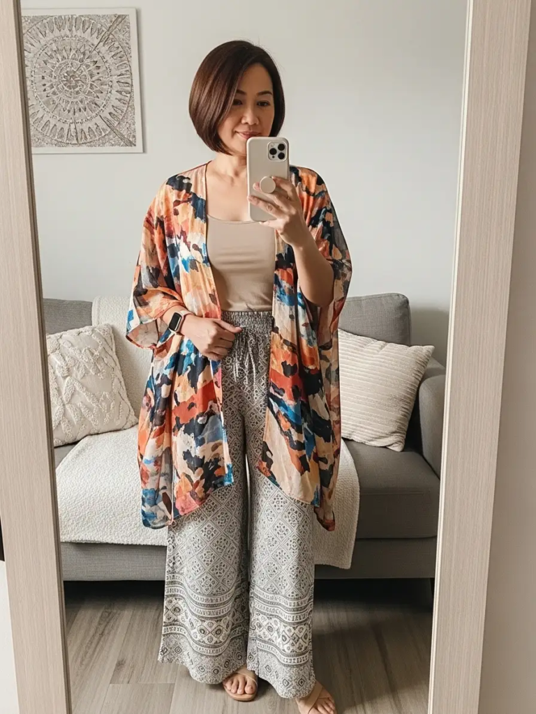 Flowy Kimono Over Tank Top with Patterned Palazzo Pants