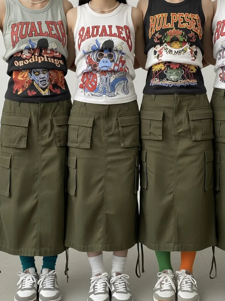 Layered Graphic Tanks, Cargo Skirt, and Funky Patterned Socks