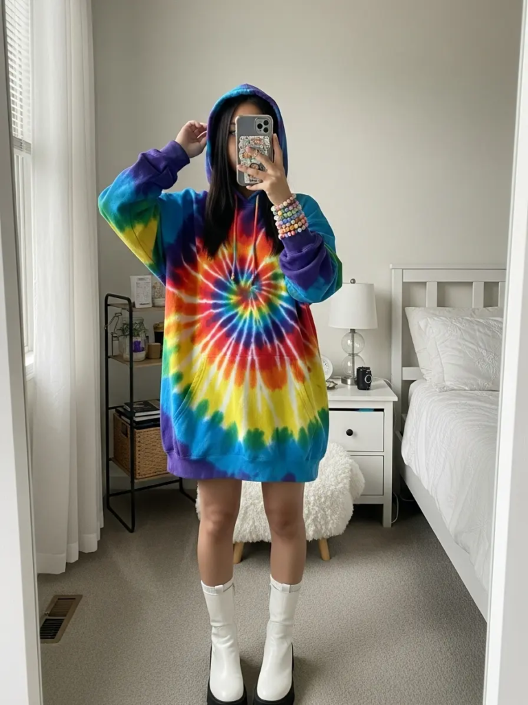 Tie-Dye Hoodie Dress with White Platform Boots and Beaded Bracelets