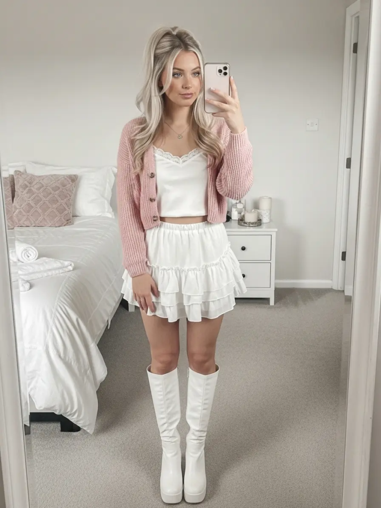 Pink Cardigan and White Ruffle Mini Skirt
