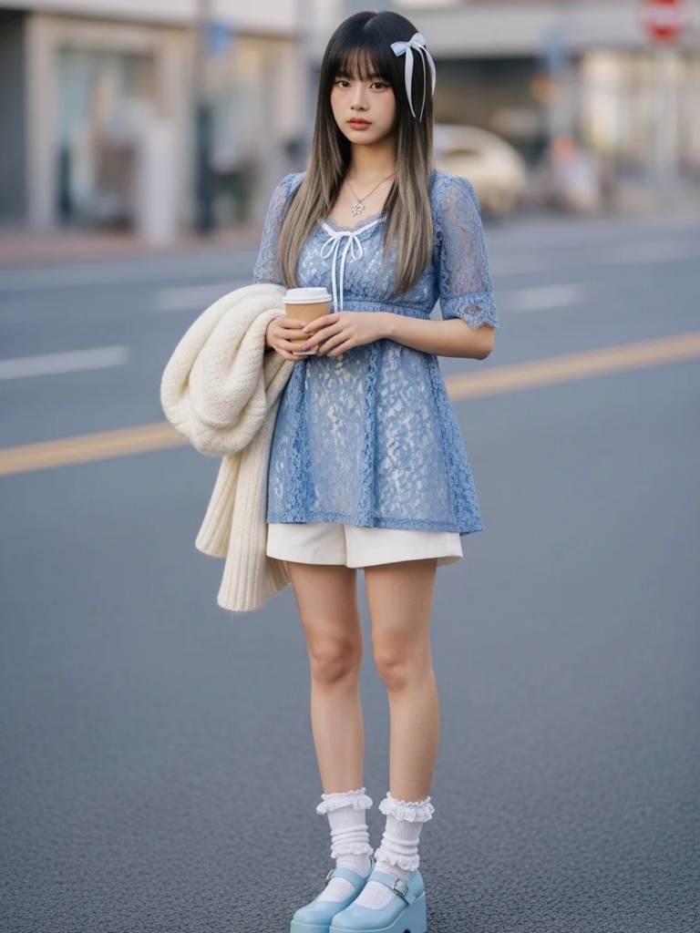 Blue Lace Mini Dress and White Shorts