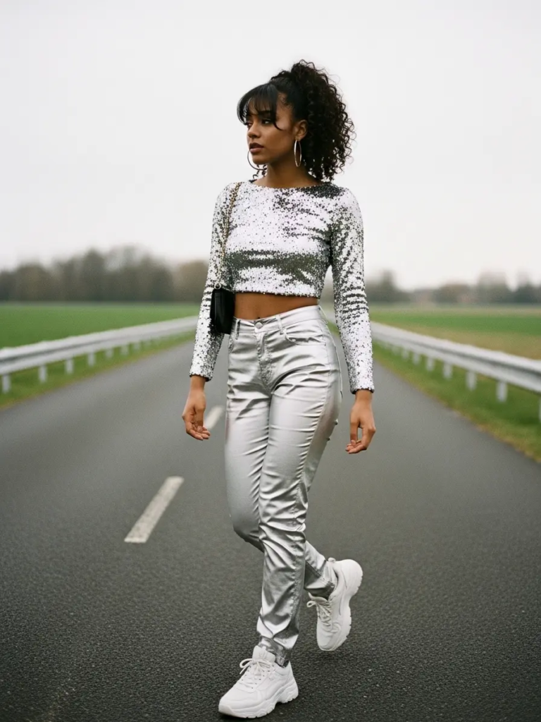 Sequin Crop Top and Metallic Pants