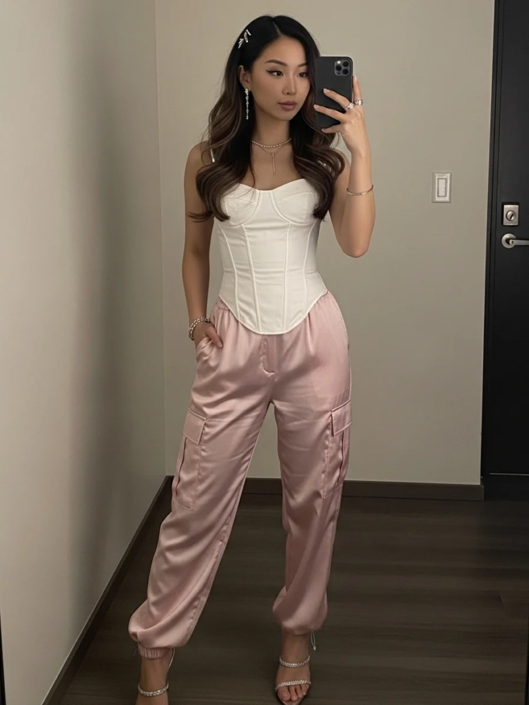 White Corset Top and Satin Cargo Pants
