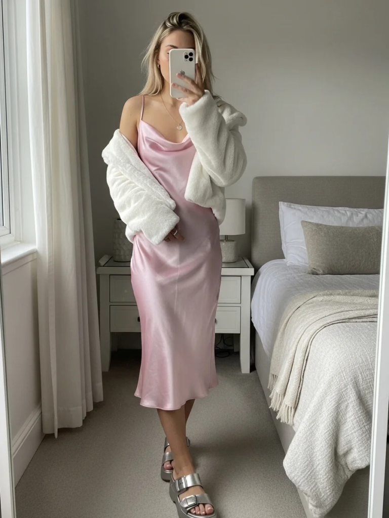 Pink Satin Slip Dress and Faux Fur Jacket
