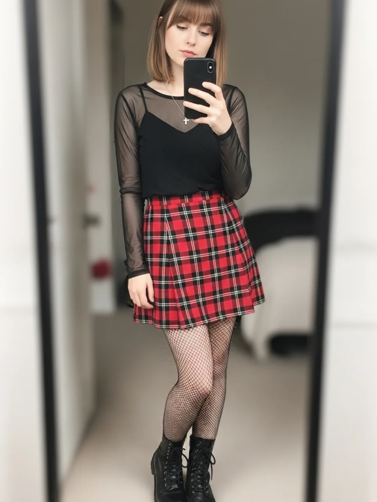 Plaid Mini Skirt and Mesh Long Sleeve Top