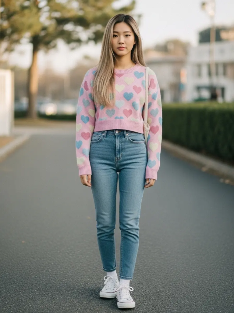Heart Print Crop Sweater and High-Waisted Jeans