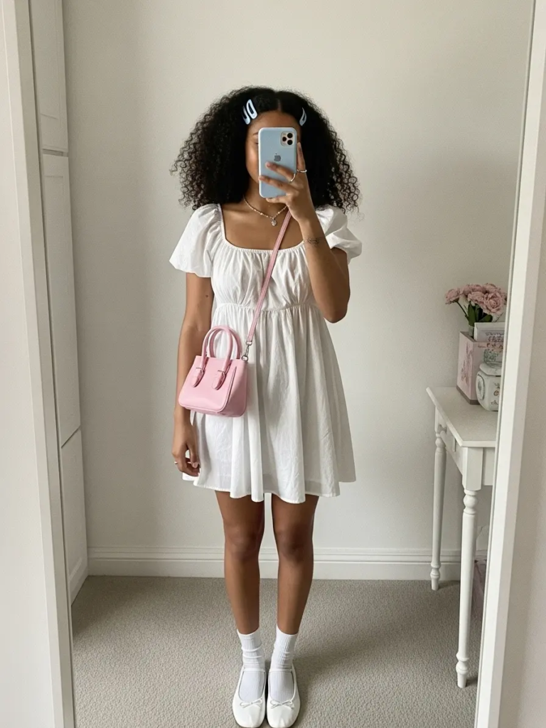 White Babydoll Dress with Pastel Accessories